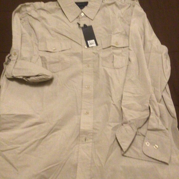 Cotton Long Sleeve Sports Shirt Flap Pockets Button Roll Up Sleeves Tan XL - Picture 2 of 5